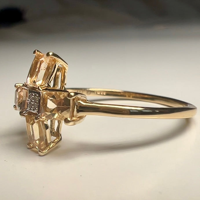 Vintage 10ct Yellow gold Citrine and Diamond cross ring