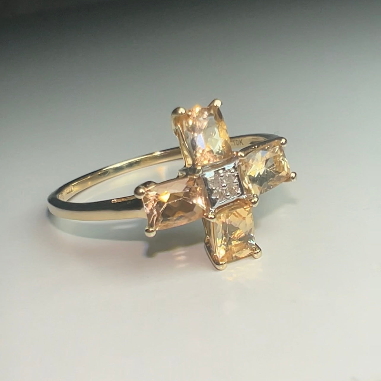 Vintage 10ct Yellow gold Citrine and Diamond cross ring
