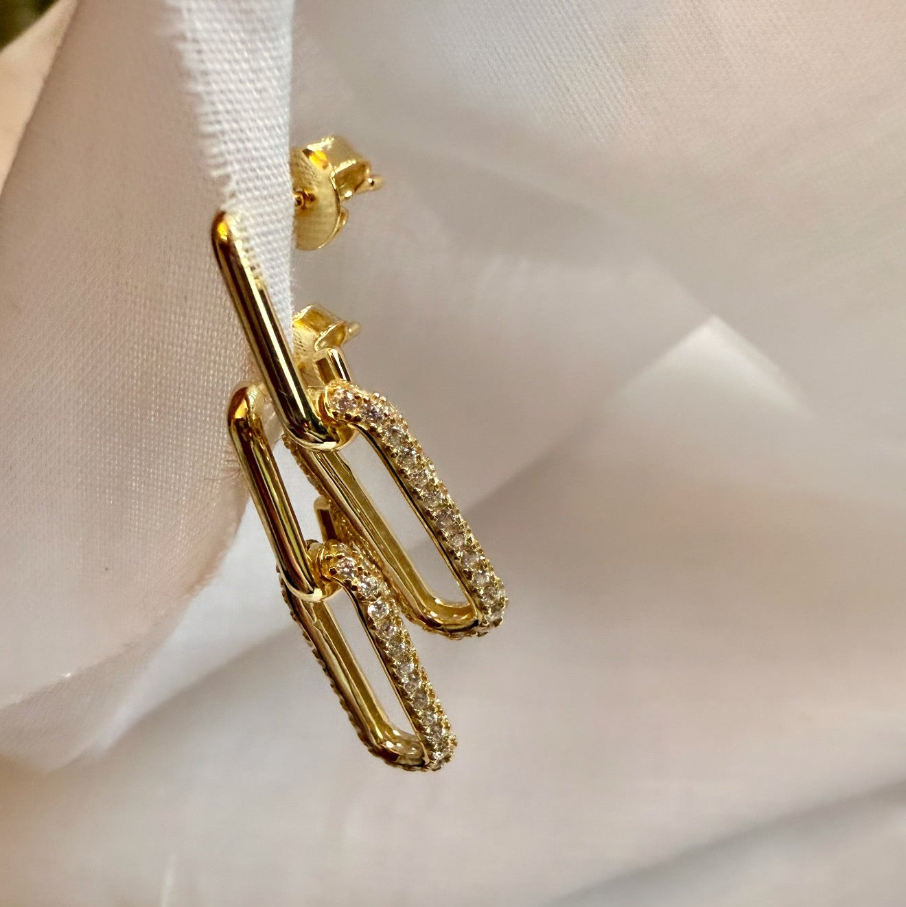 Pavé 14ct Gold Plated Paperclip Hoops