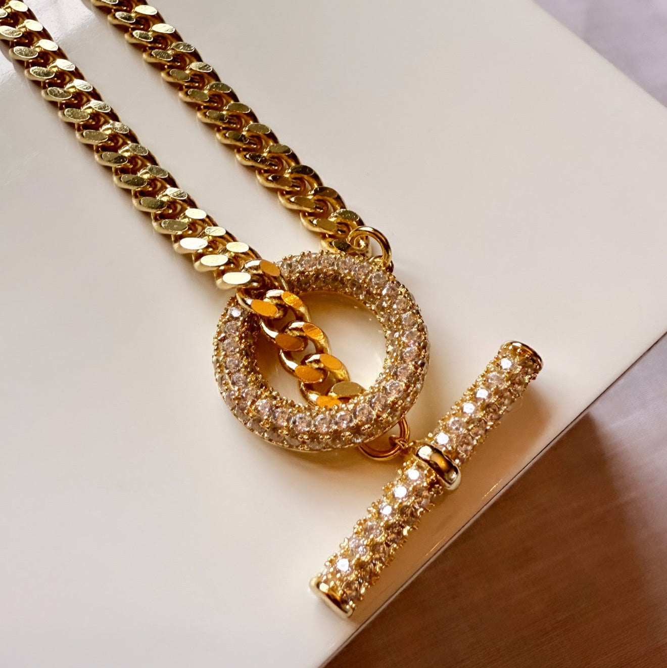 14ct Gold Plated CZ T-bar Cuban Bracelet