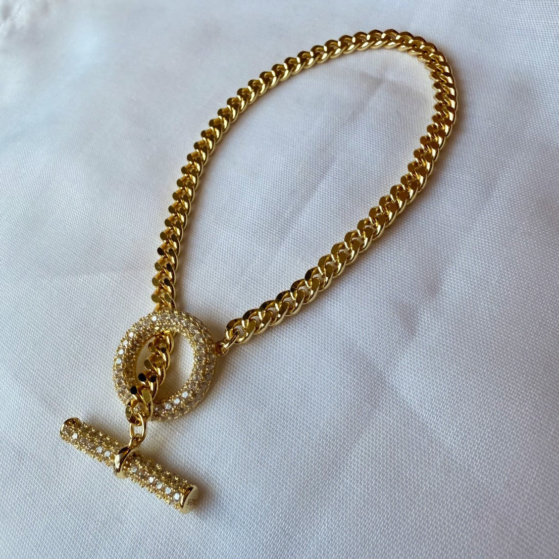 14ct Gold Plated CZ T-bar Cuban Bracelet