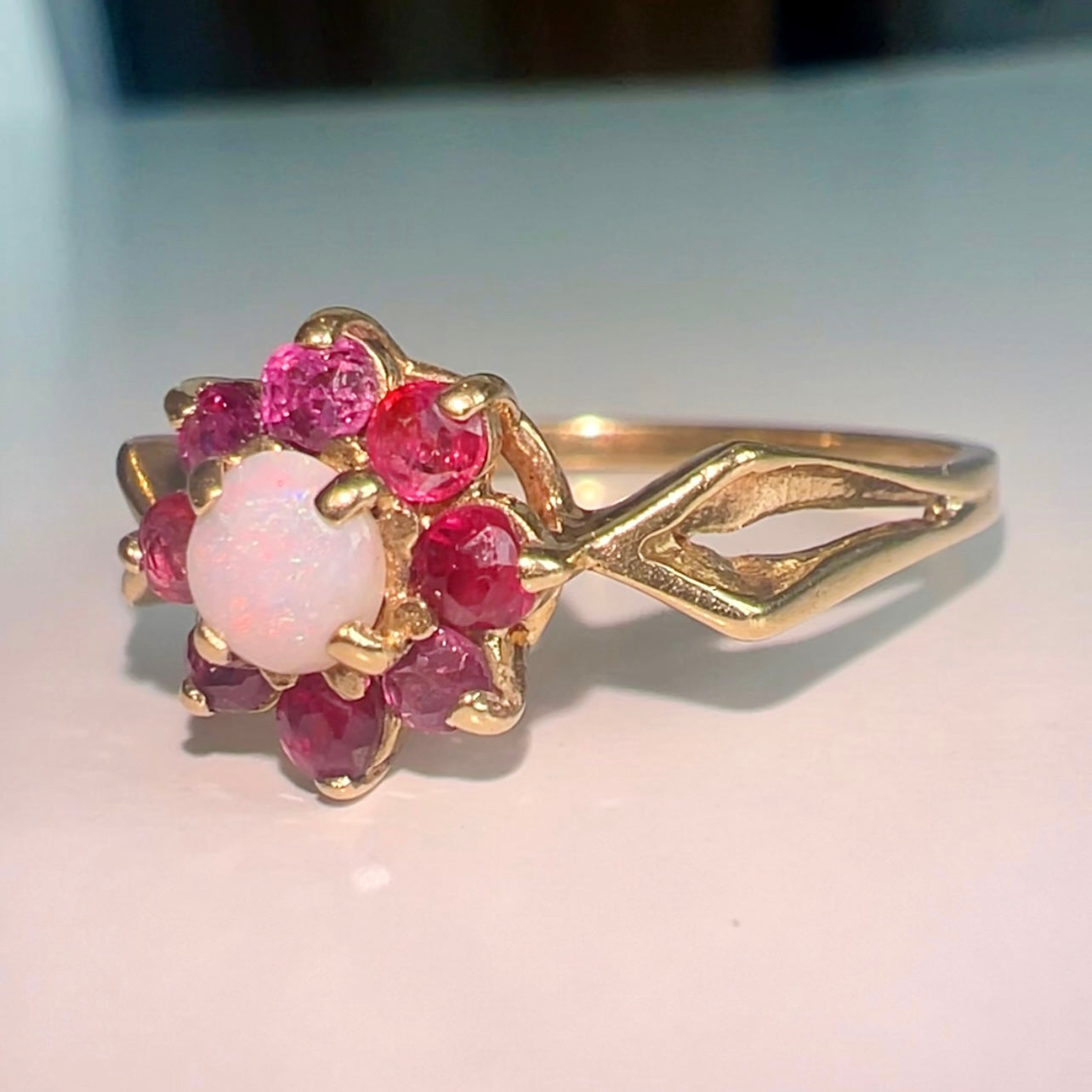 Vintage 9ct Gold Flower ring set with Opal and Rubies image 0