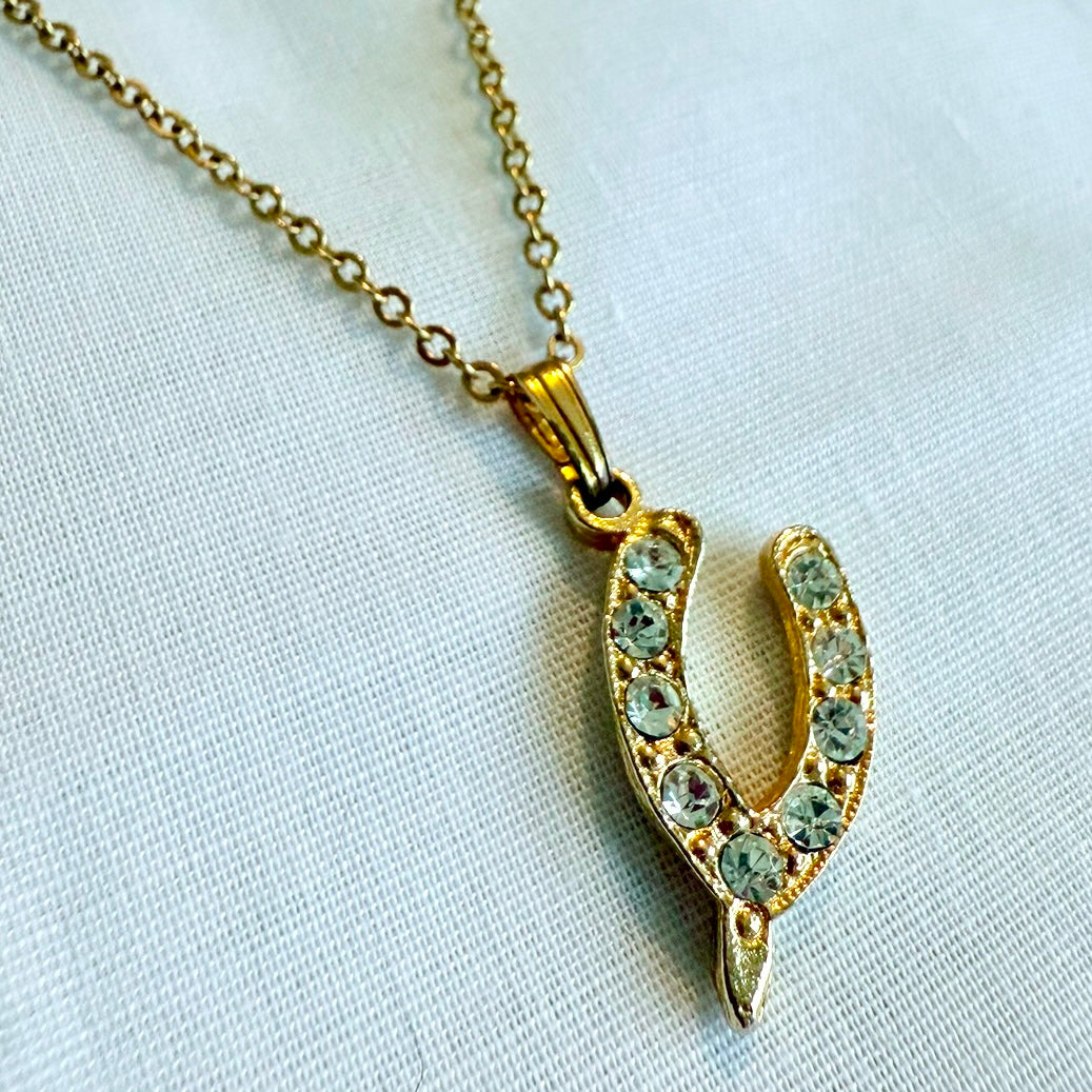 Vintage 18ct gold plated crystal wishbone necklace image 0