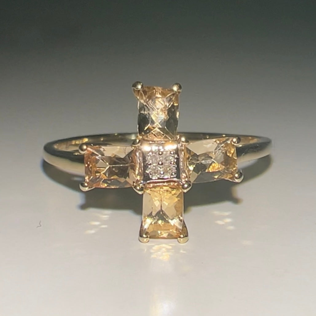 Vintage 10ct Yellow gold Citrine and Diamond cross ring
