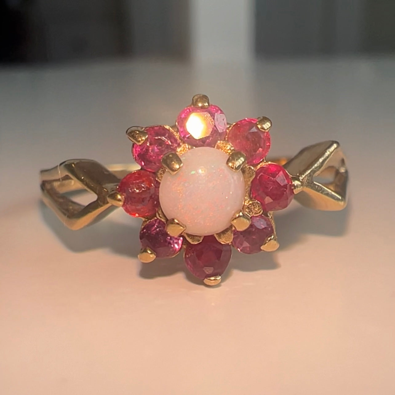 Vintage 9ct Gold Flower ring set with Opal and Rubies image 1