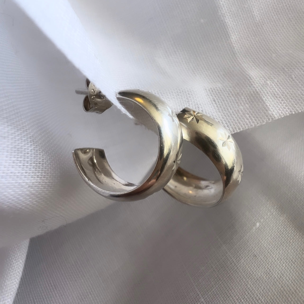 Vintage silver star engraved hoops image 4